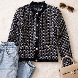 Tahari Bouclé Tweed Jacket | Gold Button Parisian Blazer XS